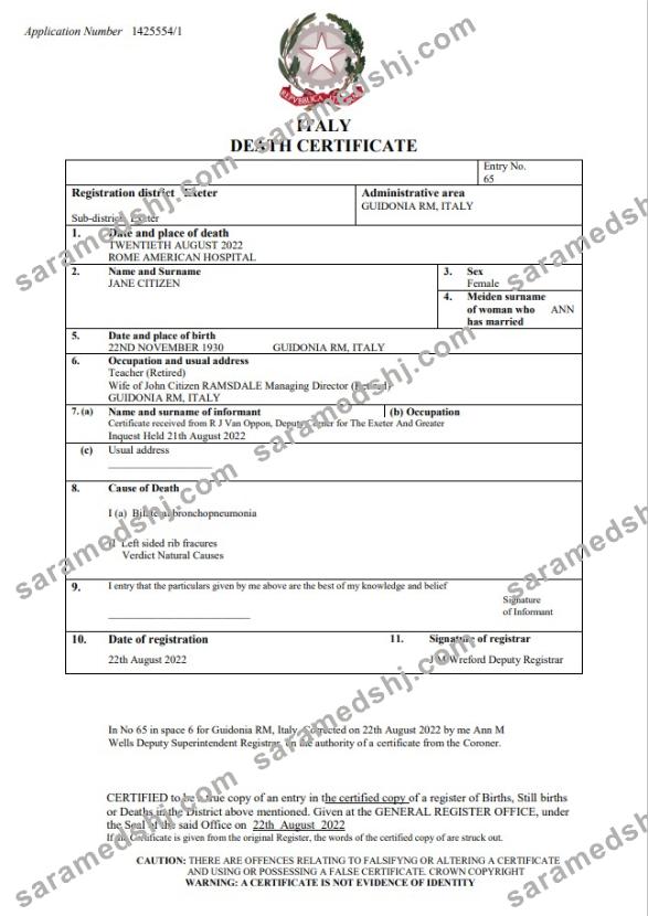 Italy vital record death certificate Word and PDF template